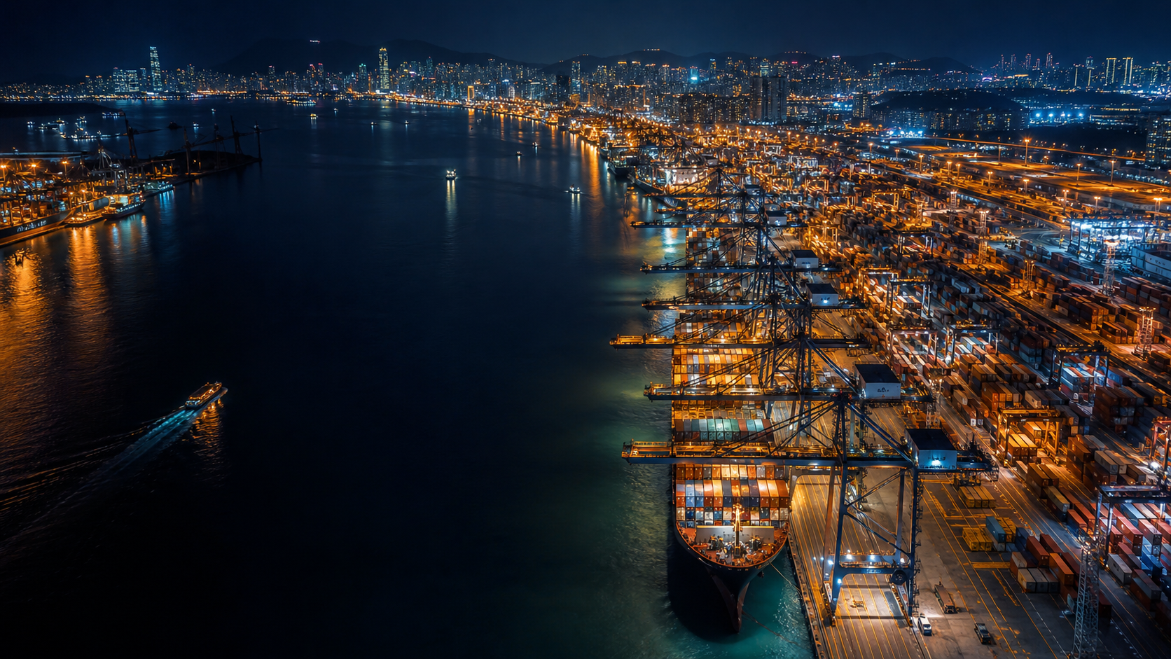 Night aerial view of a container port